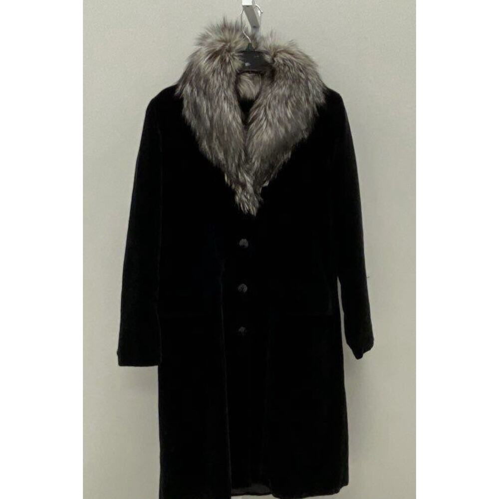 90s Drizzle Black Cotton Velvet Coat Jacket Gothic Fox Fur Collar med 40w USA